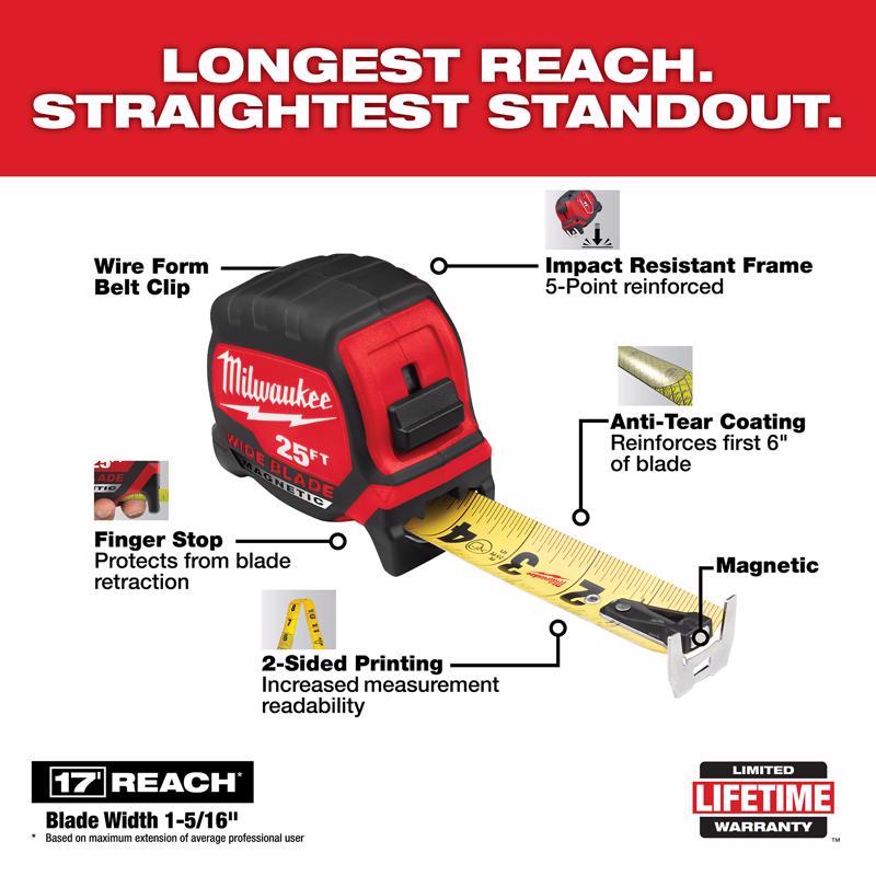 Milwaukee 25 ft. L X 1-5/16 in. W Wide Blade Magnetic Tape Measure 1 pk