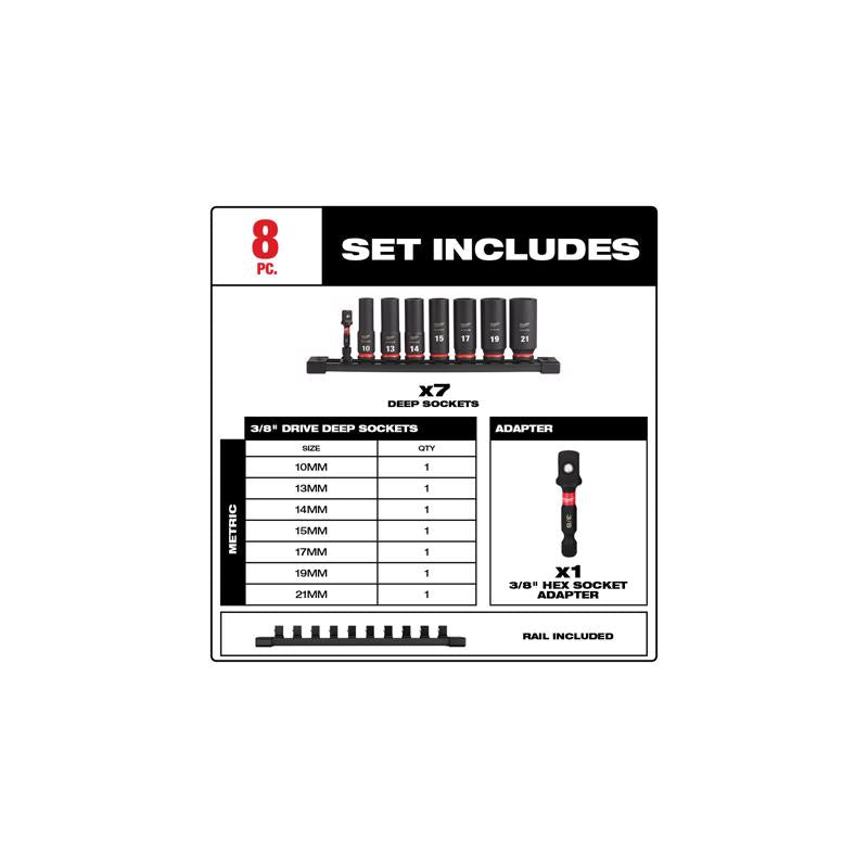 Milwaukee 3/8 in. drive Metric 6 Point Socket Set 8 pc