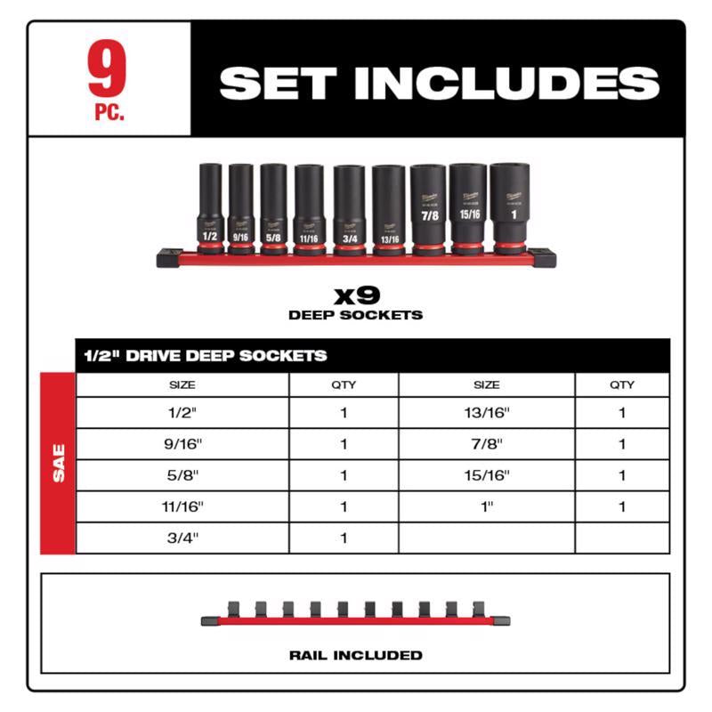 Milwaukee Shockwave 1/2 in. drive SAE 6 Point Deep Socket Set 9 pc