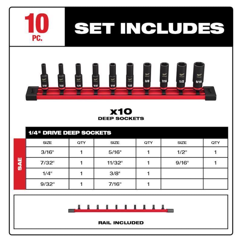 Milwaukee Shockwave 1/4 in. drive SAE 6 Point Deep Socket Set 10 pc