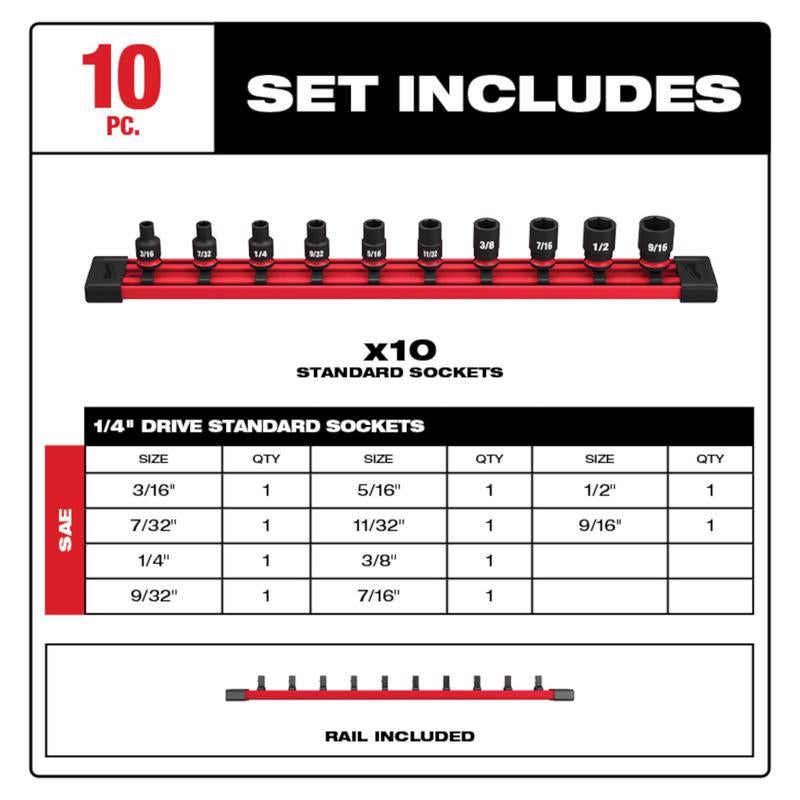 Milwaukee Shockwave 1/4 in. drive SAE 6 Point Standard Shallow Socket Set 10 pc