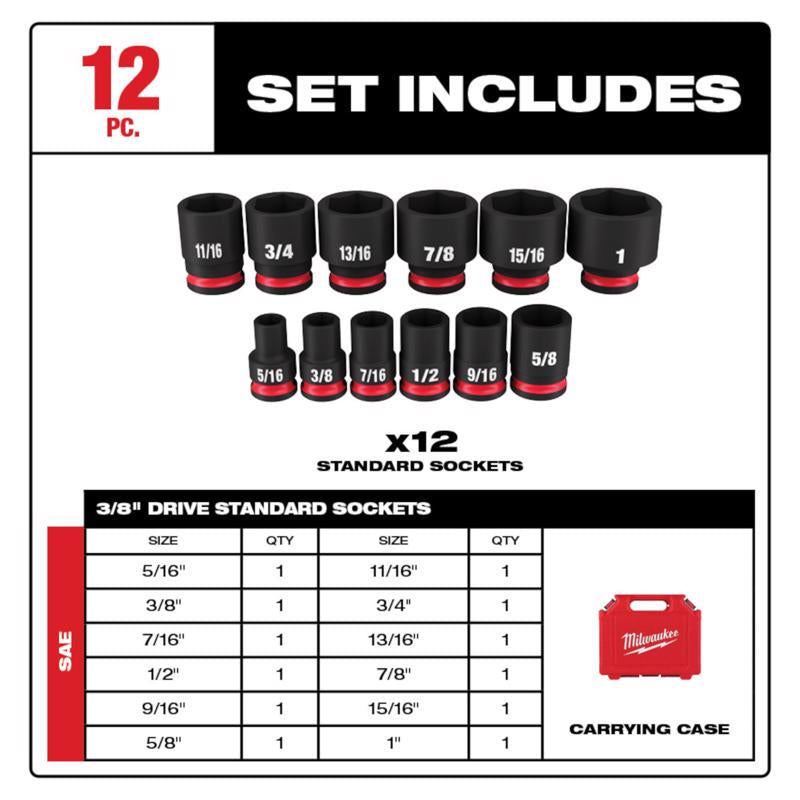 Milwaukee Shockwave 3/8 in. drive SAE 6 Point Standard Shallow Socket Set 12 pc