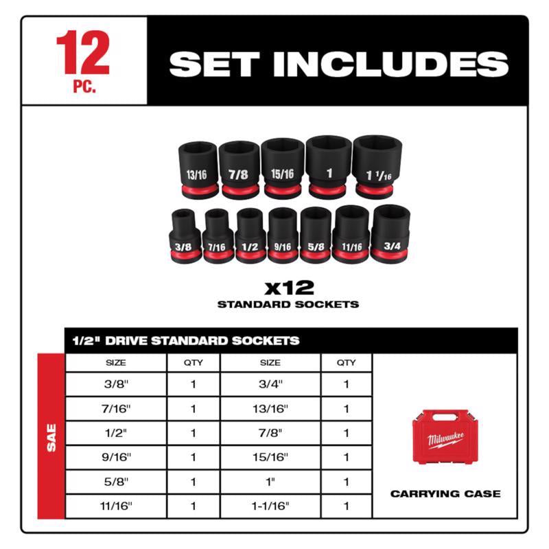 Milwaukee Shockwave 1/2 in. drive SAE 6 Point Standard Shallow Socket Set 12 pc