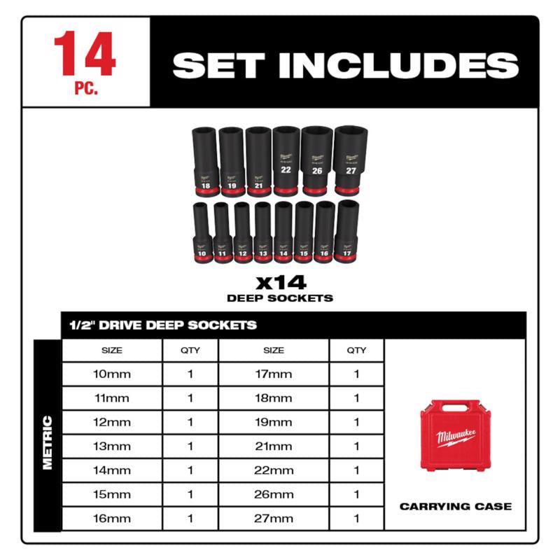 Milwaukee Shockwave 1/2 in. drive Metric 6 Point Deep Socket Set 14 pc