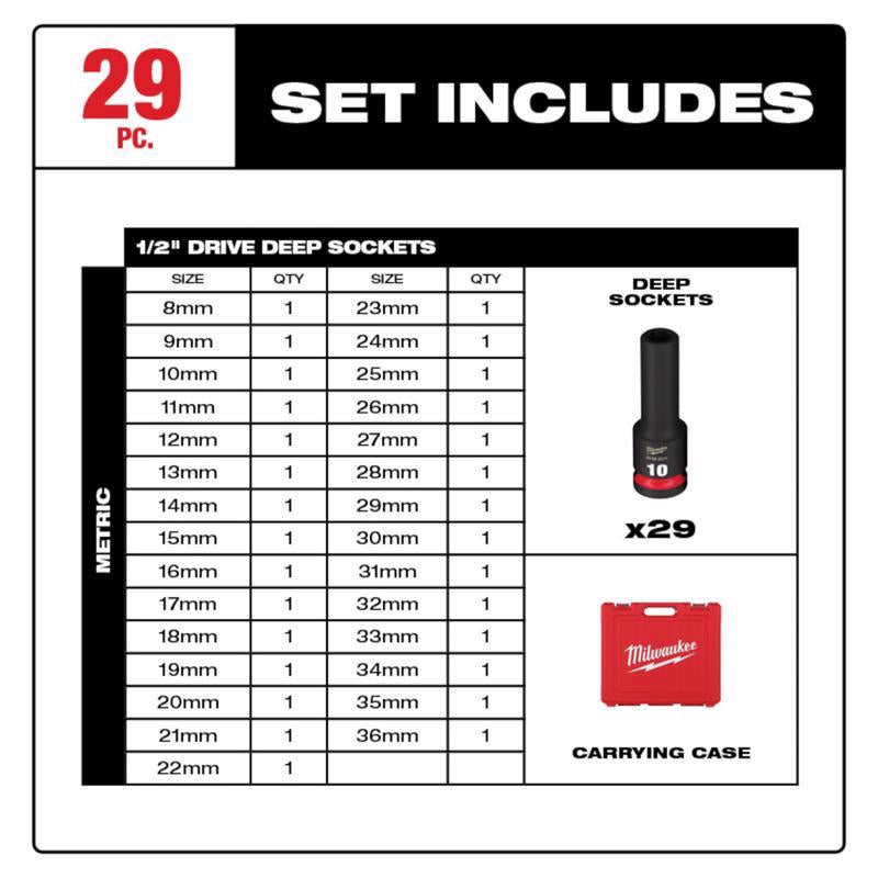 Milwaukee Shockwave 1/2 in. drive Metric 6 Point Deep Socket Set 29 pc