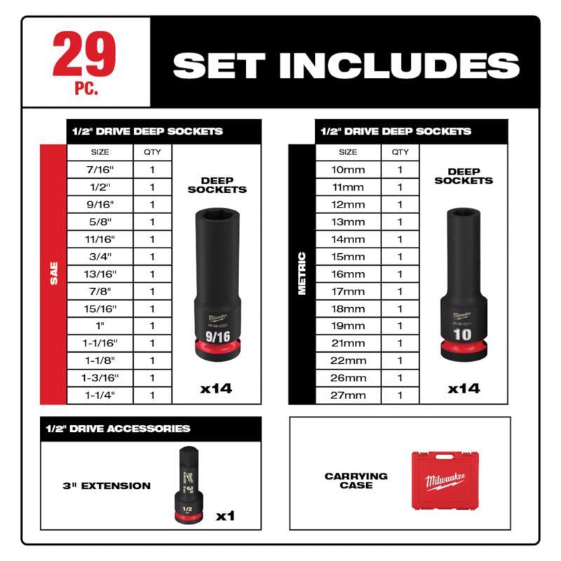 Milwaukee Shockwave 1/2 in. drive Metric/SAE 6 Point Deep Socket Set 29 pc