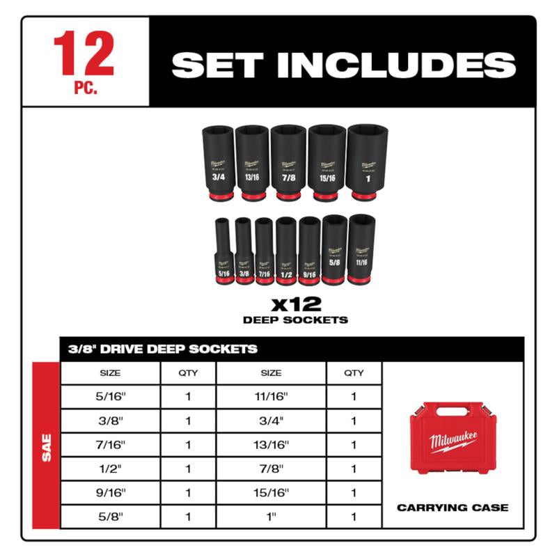 Milwaukee Shockwave 3/8 in. drive SAE 6 Point Square Deep Socket Set 12 pc