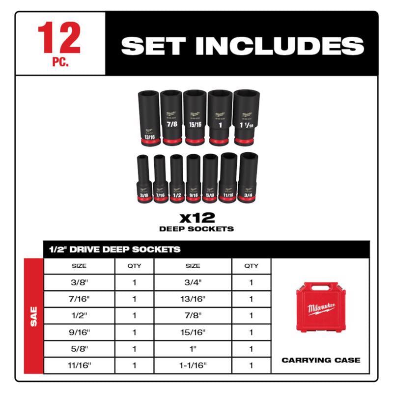 Milwaukee Shockwave 1/2 in. drive SAE 6 Point Deep Socket Set 12 pc