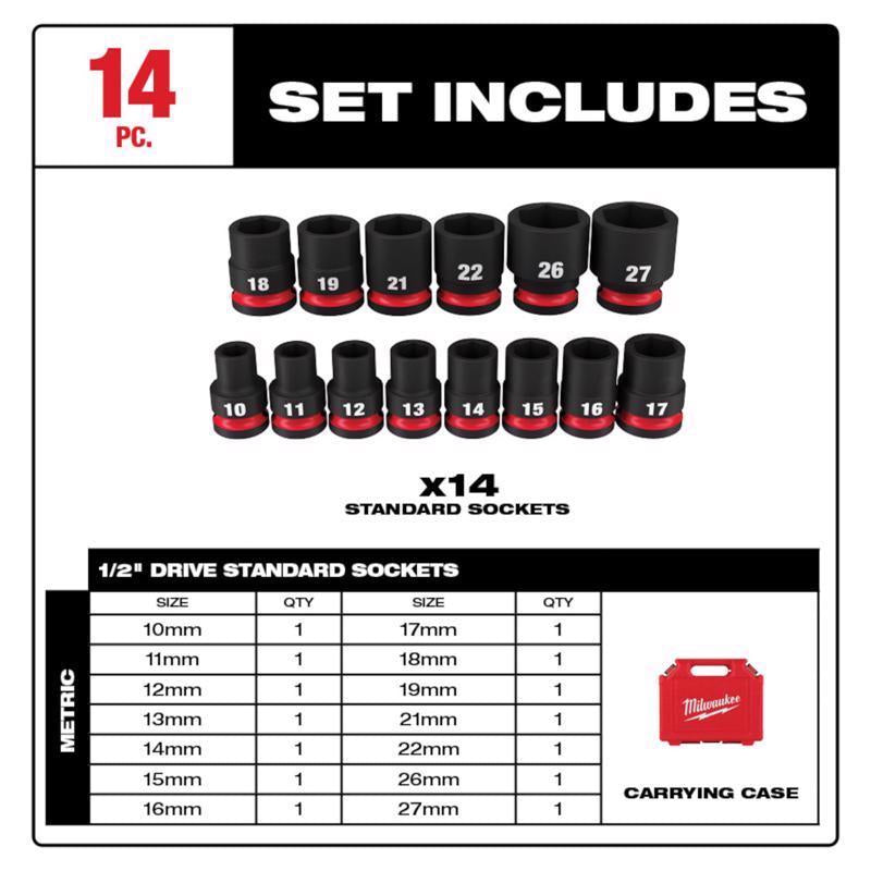Milwaukee Shockwave 1/2 in. drive Metric 6 Point Standard Shallow Socket Set 14 pc