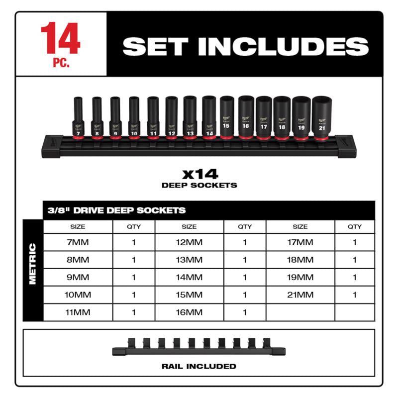 Milwaukee Shockwave 3/8 in. drive Metric 6 Point Deep Socket Set 14 pc