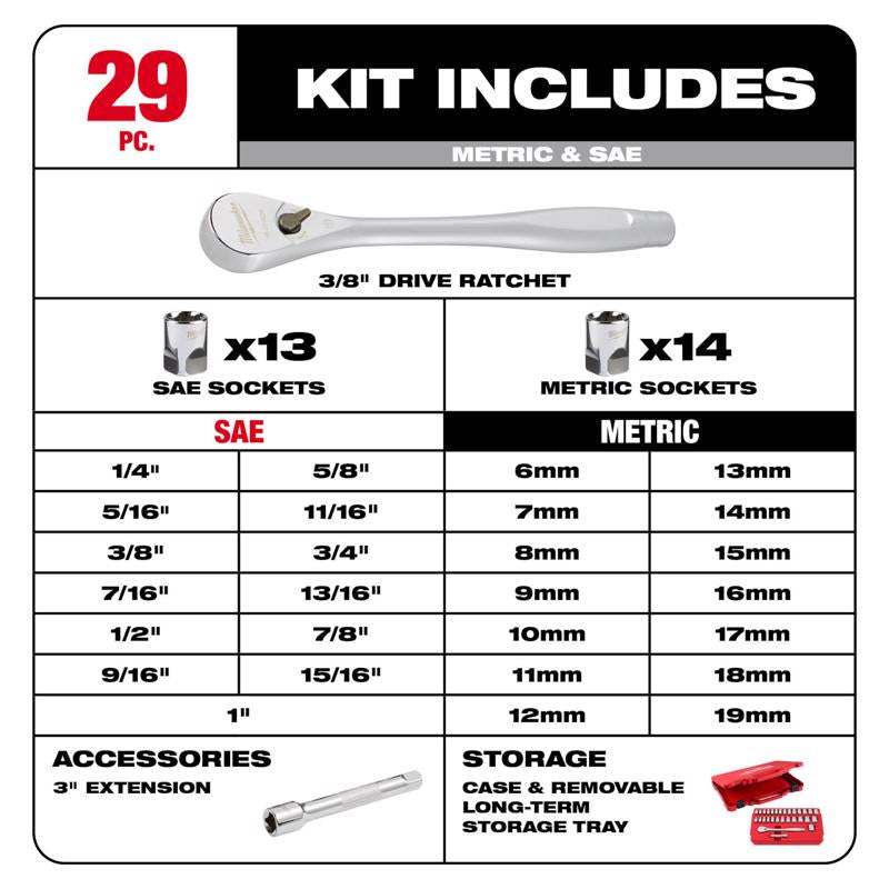 Milwaukee 3/8 in. drive Metric and SAE Ratchet and Socket Set 90 teeth