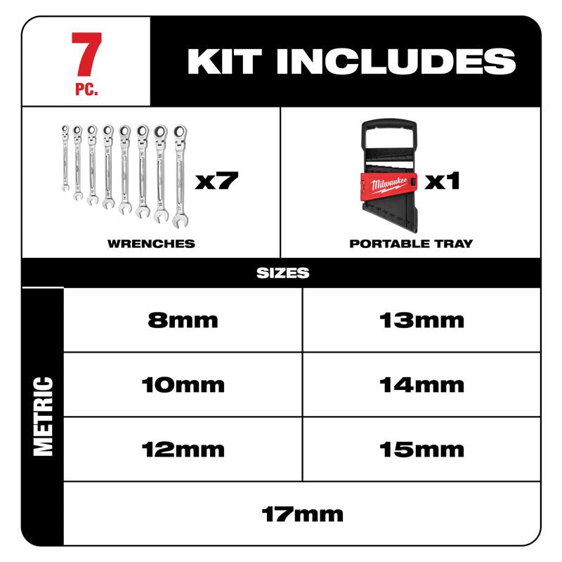 Milwaukee Metric Ratcheting Flex Head Combination Wrench Set 7 pc