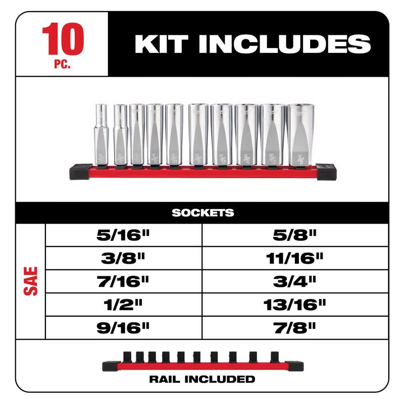 Milwaukee 3/8 in. drive SAE 6 Point Deep Well Socket Set 10 pc