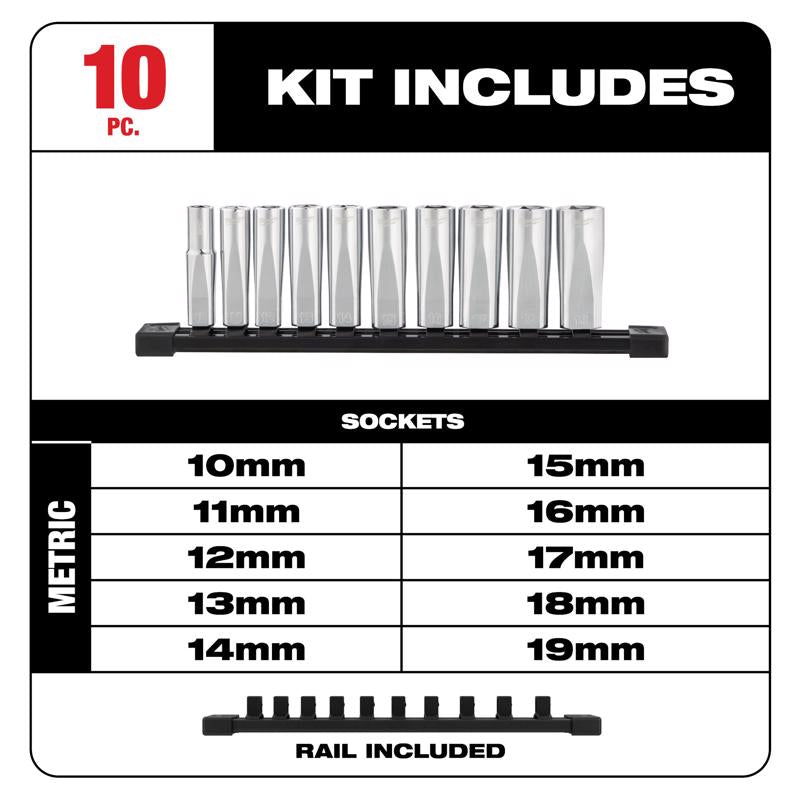 Milwaukee 3/8 in. drive Metric 6 Point Deep Well Socket Set 10 pc