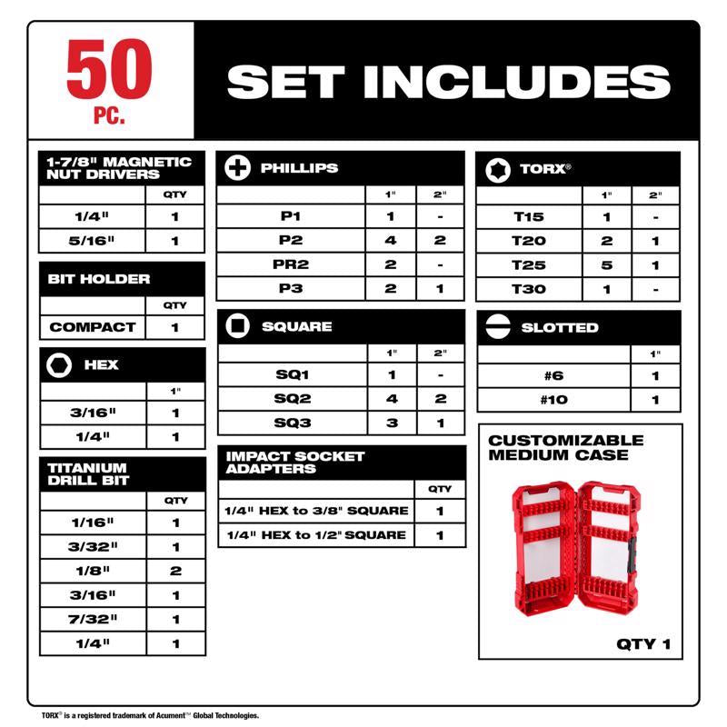 Milwaukee Shockwave Assorted Drill and Driver Bit Set Alloy Steel 50 pc