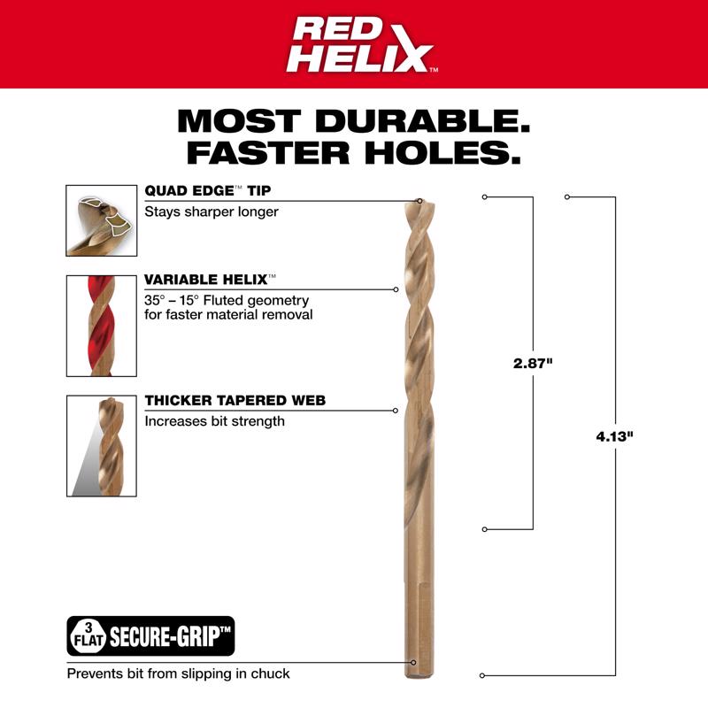 Milwaukee Red Helix 17/64 in. X 4.13 in. L Cobalt Drill Bit 3-Flat Shank 1 pk