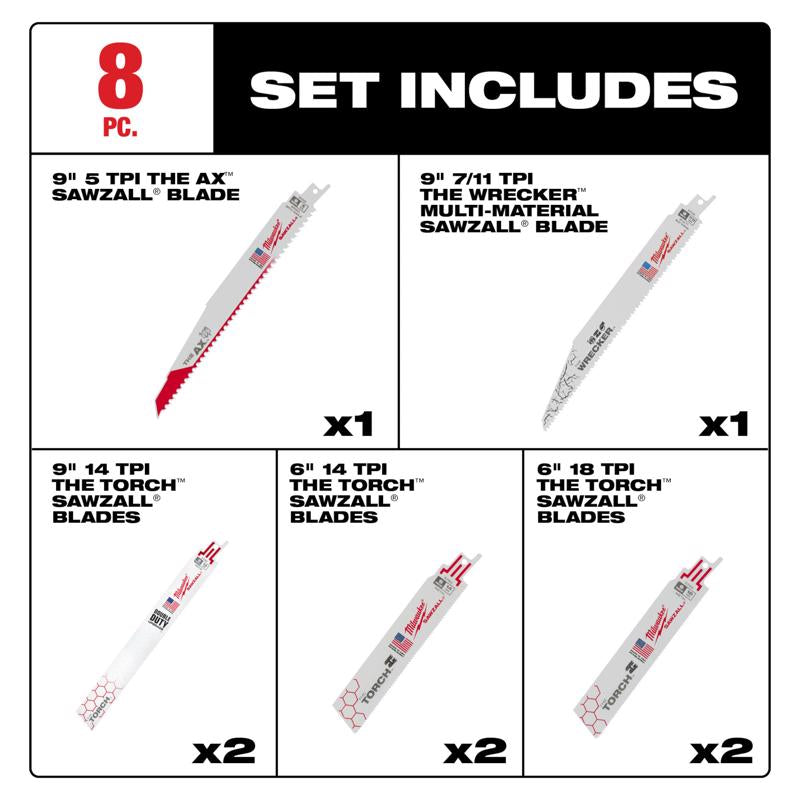 Milwaukee Sawzall Wood and Metal Demolition Reciprocating Sawzall Blade Set 8 pc