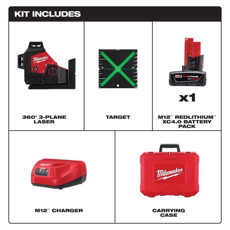 Milwaukee M12 3 beam Self Leveling Laser Level Kit 165 ft. 5 pc