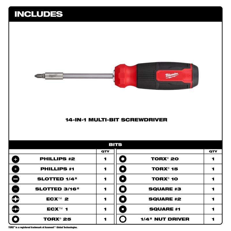 Milwaukee Hex Shank 14-in-1 Multi-Bit Screwdriver 9.11 in. 1 pc