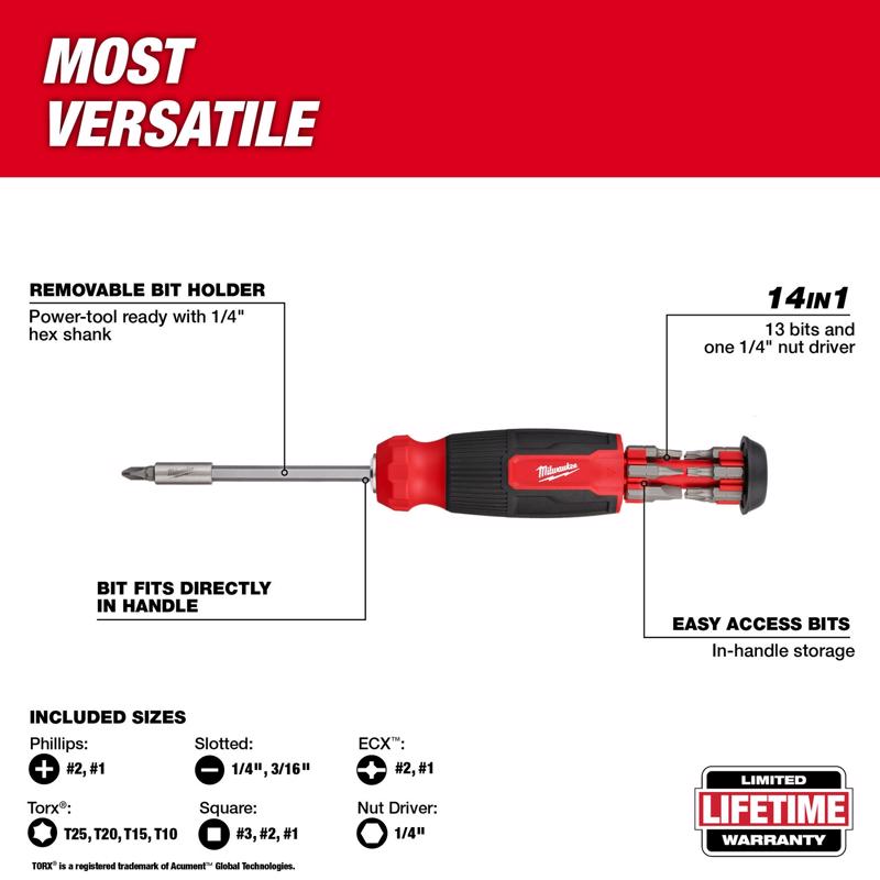 Milwaukee Hex Shank 14-in-1 Multi-Bit Screwdriver 9.11 in. 1 pc