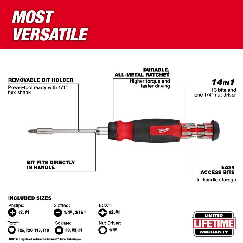 Milwaukee Hex Shank 14-in-1 Ratcheting Multi-Bit Screwdriver 10.12 in. 1 pc