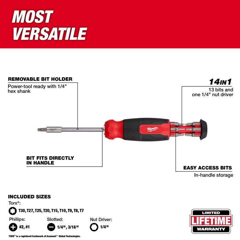 Milwaukee Torx Hex Shank 14-in-1 Multi-Bit Screwdriver 9.11 in. 1 pc