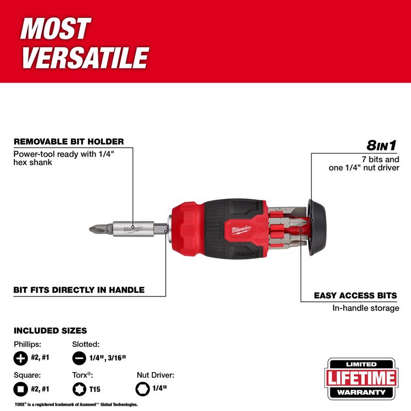 Milwaukee Hex Shank 8-in-1 Compact Multi-Bit Screwdriver 4.69 in. 1 pc