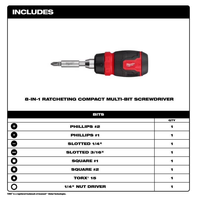 Milwaukee Hex Shank 8-in-1 Ratcheting Compact Multi-Bit Screwdriver 5.43 in. 1 pc