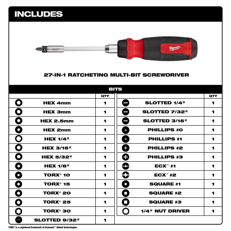 Milwaukee Hex Shank Ratcheting Multi-Bit Screwdriver 10.12 in. 1 pc