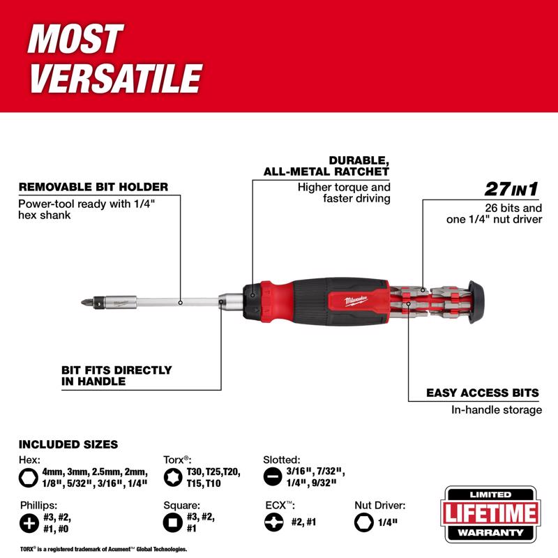 Milwaukee Hex Shank Ratcheting Multi-Bit Screwdriver 10.12 in. 1 pc