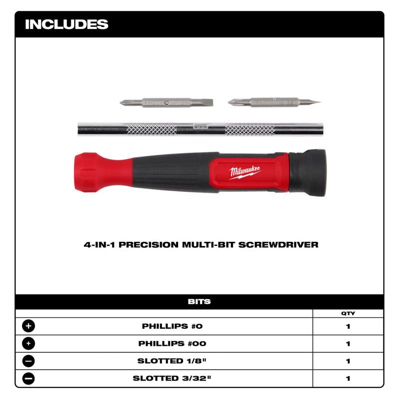 Milwaukee Hex Shank 4-in-1 Precision Multi-Bit Screwdriver 5.75 in. 4 pc