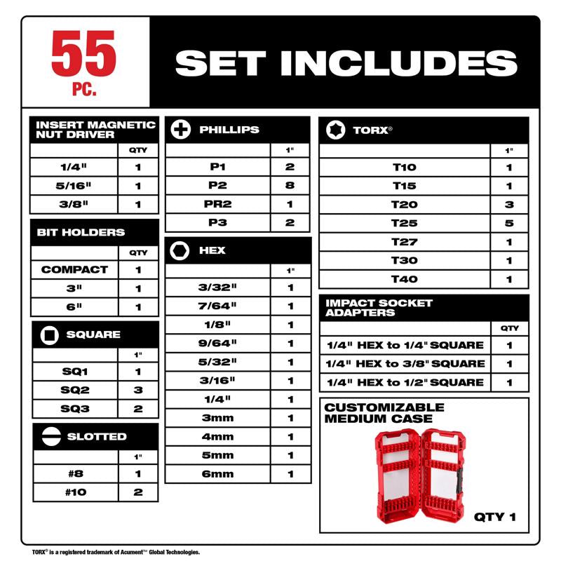 Milwaukee SHOCKWAVE Assorted Driver Bit Set Alloy Steel 55 pc