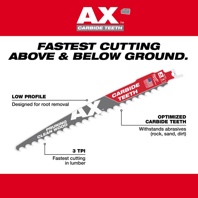 Milwaukee AX Sawzall 6 in. Carbide Pruning & Clean Wood Reciprocating Saw Blade 3 TPI 1 pk