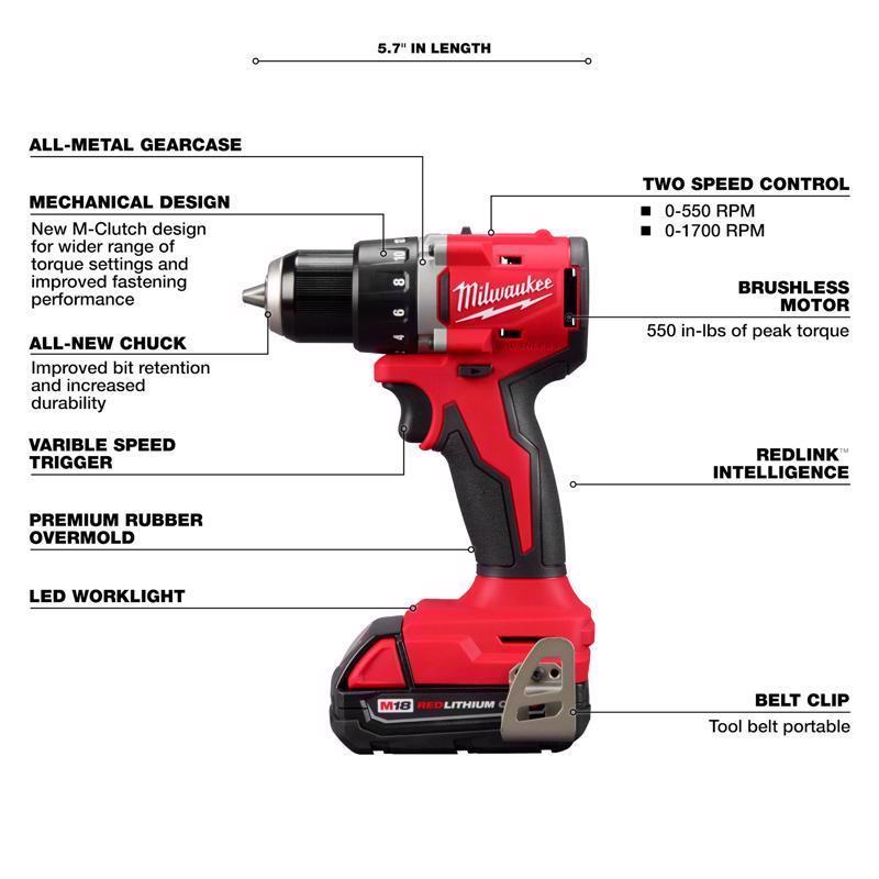 Milwaukee M18 Compact Cordless Brushless 1 Tool Drill and Driver Kit