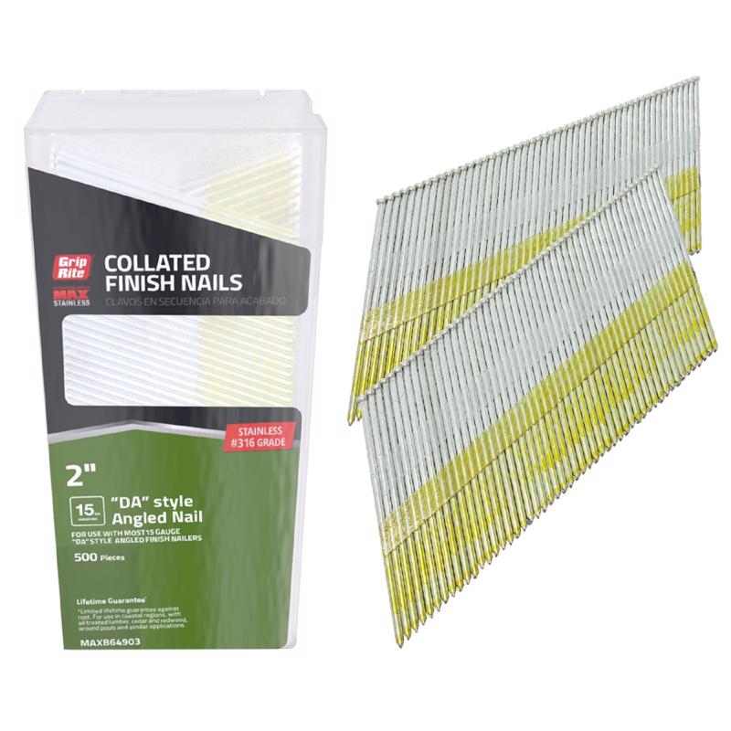 Grip-Rite 2 in. L X 15 Ga. Angled Strip 316 Stainless Steel Finish Nails 500 pk