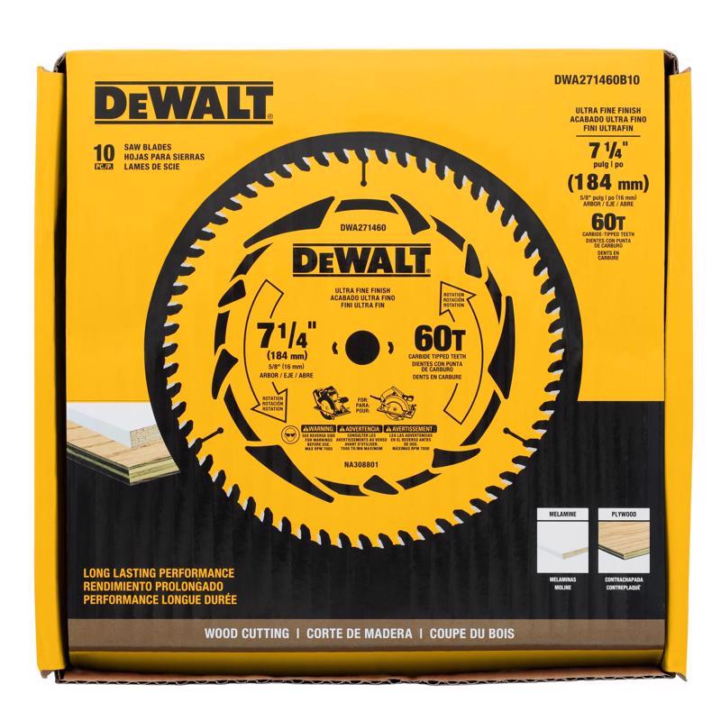 DeWalt 7-1/4 in. D X 5/8 in. Tungsten Carbide Tipped Circular Saw Blade 60 teeth 10 pk