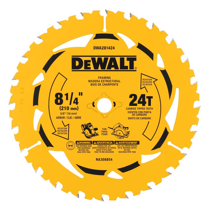 DeWalt 8-1/4 in. D X 5/8 in. Tungsten Carbide Tipped Circular Saw Blade 24 teeth 1 pk