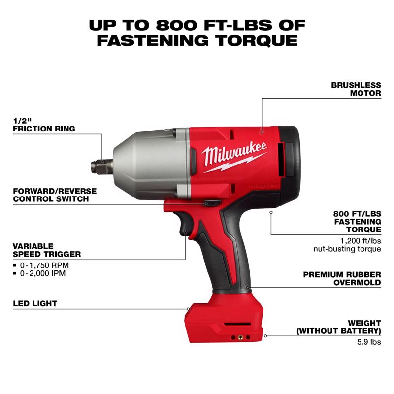 Milwaukee M18 1/2 in. Cordless Brushless High Torque Impact Wrench Tool Only