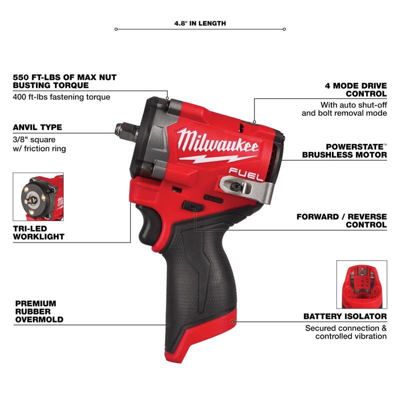 Milwaukee M12 FUEL 3/8 in. Cordless Brushless High Torque Impact Wrench