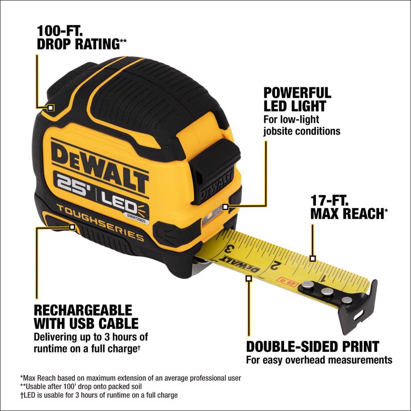 DeWalt ToughSeries 25 ft. L X 1.25 in. W LED Tape Measure 1 pk