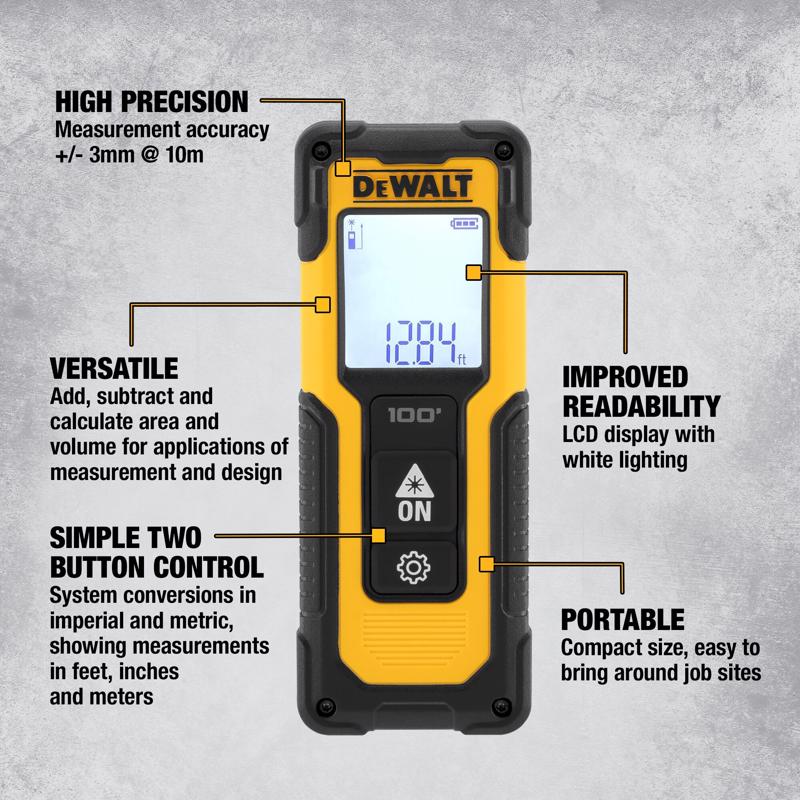 DeWalt 6.5 in. L X 3.8 in. W Laser Distance Measurer 100 ft. Black/Yellow 1 pc