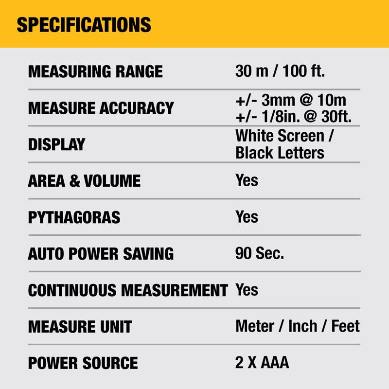 DeWalt 6.5 in. L X 3.8 in. W Laser Distance Measurer 100 ft. Black/Yellow 1 pc