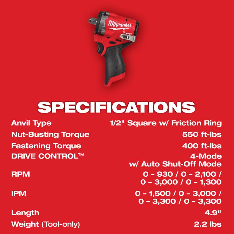 Milwaukee M12 1/2 in. Cordless Brushless Impact Wrench Tool Only