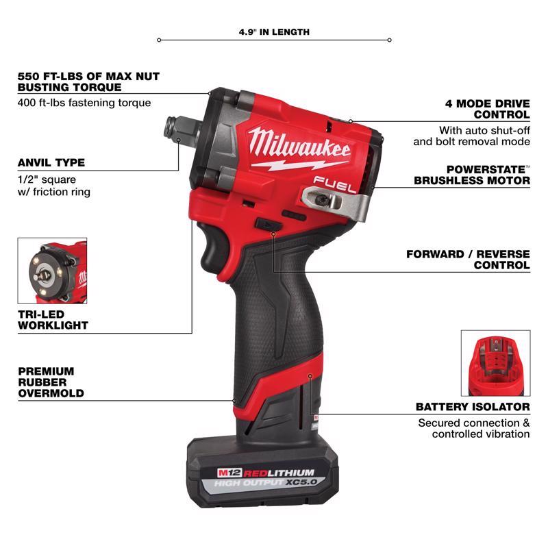 Milwaukee M12 1/2 in. Cordless Brushless Impact Wrench Kit (Battery & Charger)