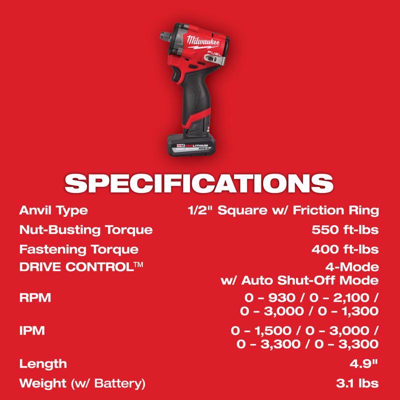 Milwaukee M12 1/2 in. Cordless Brushless Impact Wrench Kit (Battery & Charger)