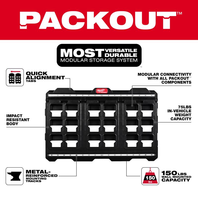 Milwaukee PACKOUT 30.75 in. W X 20 in. H Large Wall Mounted Plate Polypropylene 18 compartments Blac