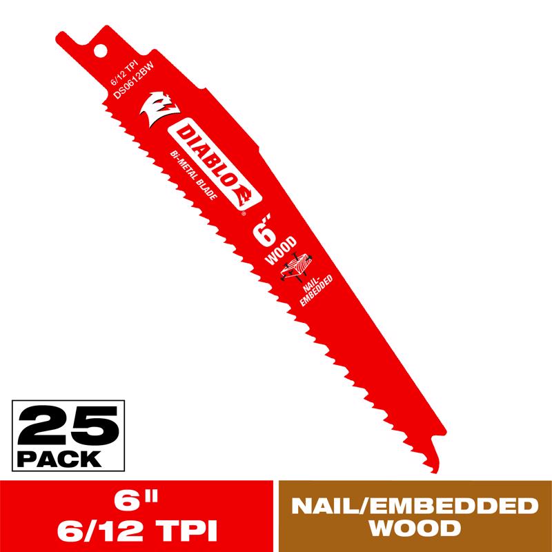 Diablo 6 in. Bi-Metal Nail Embedded Wood Reciprocating Saw Blade 6/12 TPI 25 pk