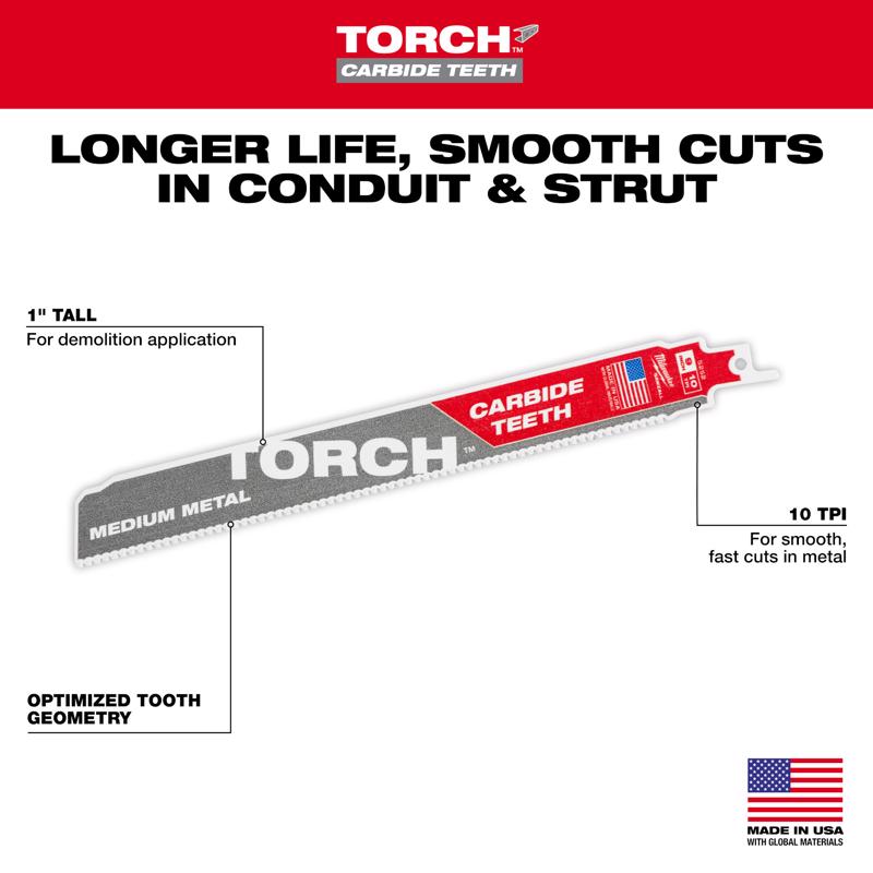 Milwaukee Torch 9 in. Carbide Reciprocating Saw Blade 10 TPI 1 pk