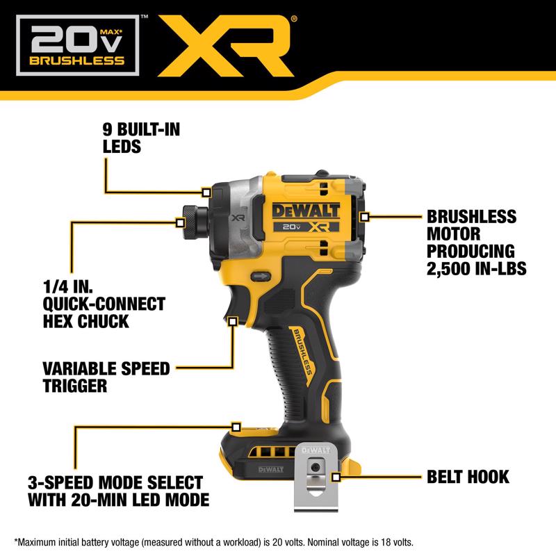DeWalt 20V MAX XR 1/4 in. Cordless Brushless 3-Speed Impact Driver Kit (Battery & Charger)