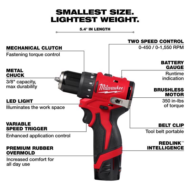 Milwaukee tool M12 3/8 in. Brushless Cordless Drill/Driver Kit (Battery & Charger)